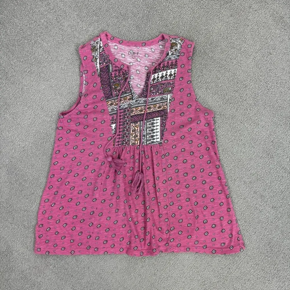 Loft Boho Printed Tassel Neck‎ Sleeveless Tank Top Shirt Pink XS